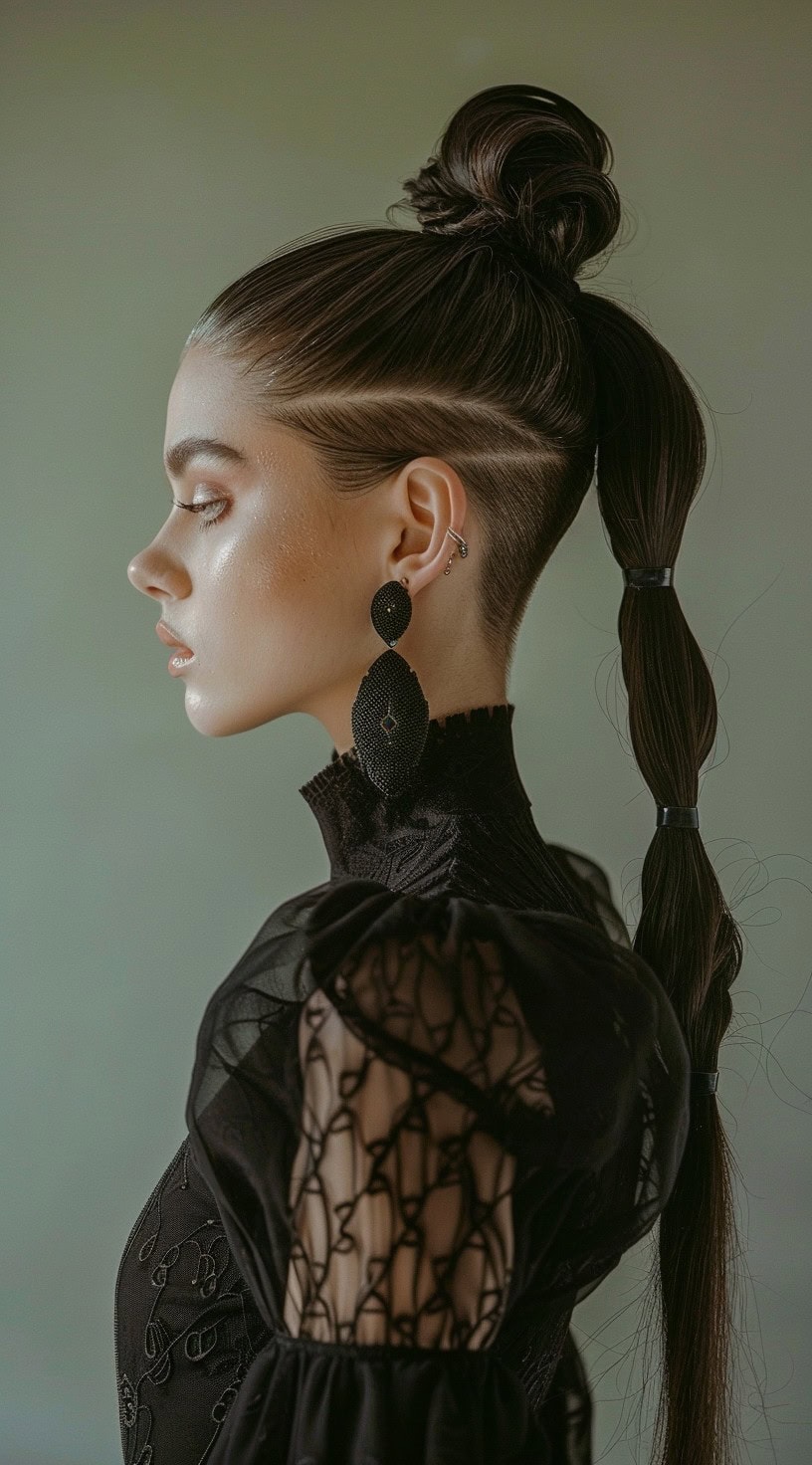 This photo features a woman with a top knot and a sectioned ponytail.