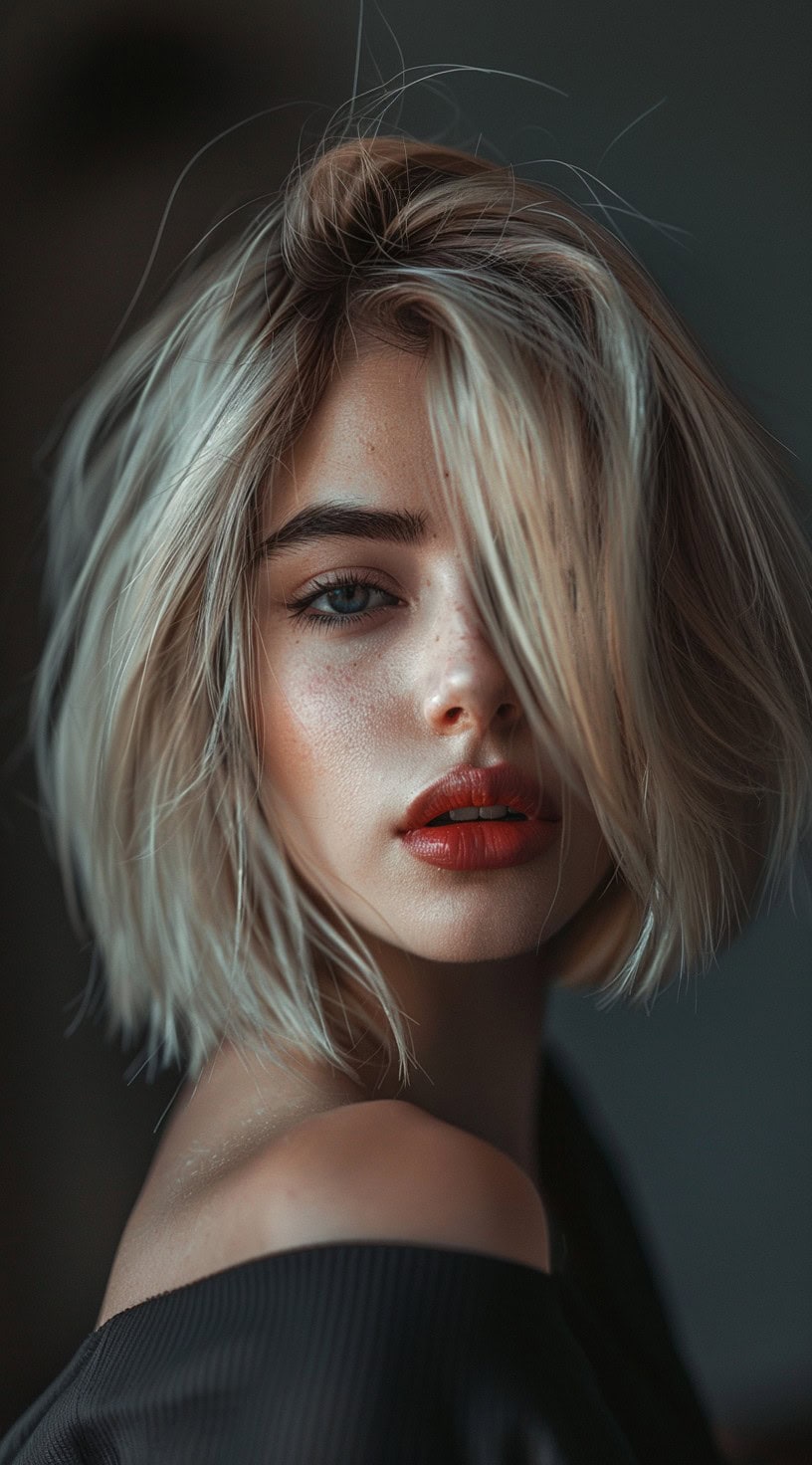 This image shows a woman with a tousled platinum bob, featuring slightly asymmetrical ends for a modern look.