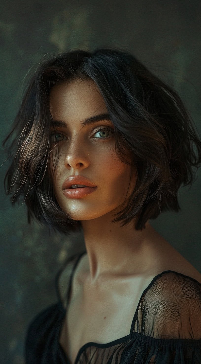 Close-up of a woman with a tousled bob hairstyle, featuring loose waves and a textured finish.