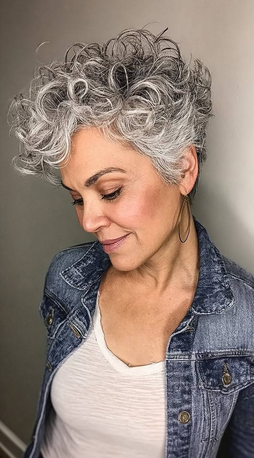 Front-angled view of a woman with a voluminous curly pixie cut in salt and pepper tones.