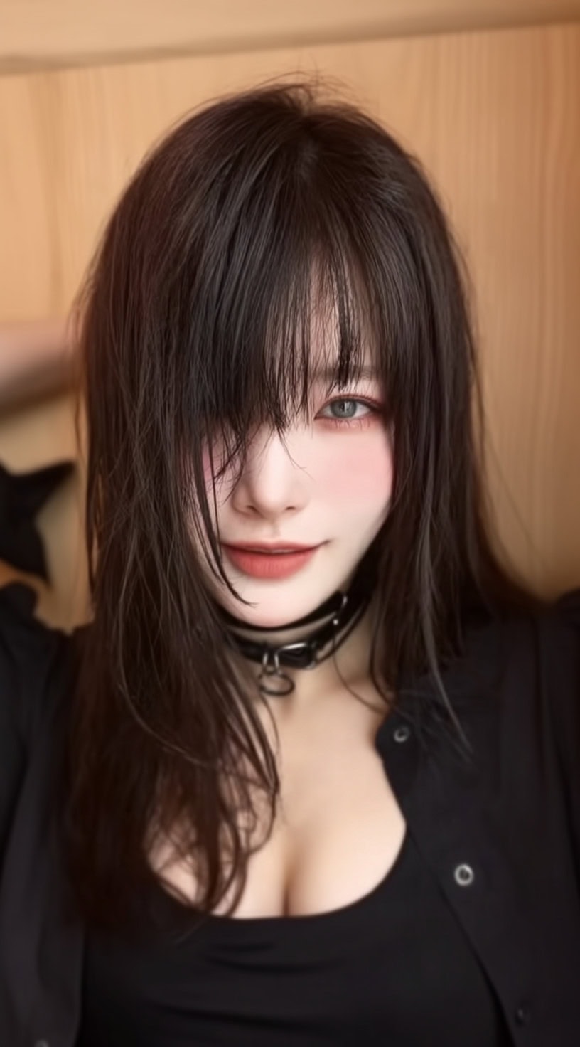 Young woman with tousled medium-length hair and long messy bangs covering one eye.