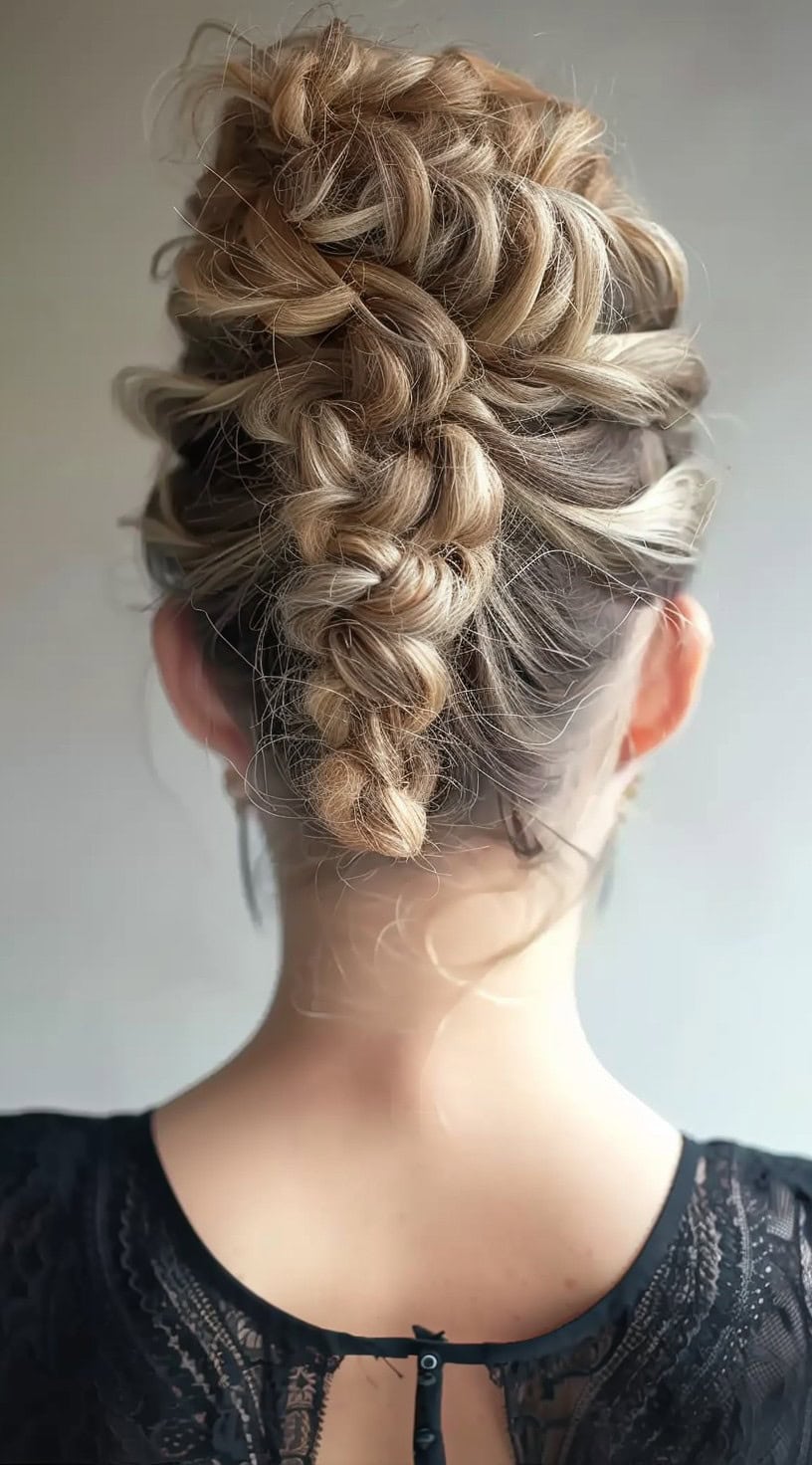 Back view of a woman with an intricate twist and pin updo.