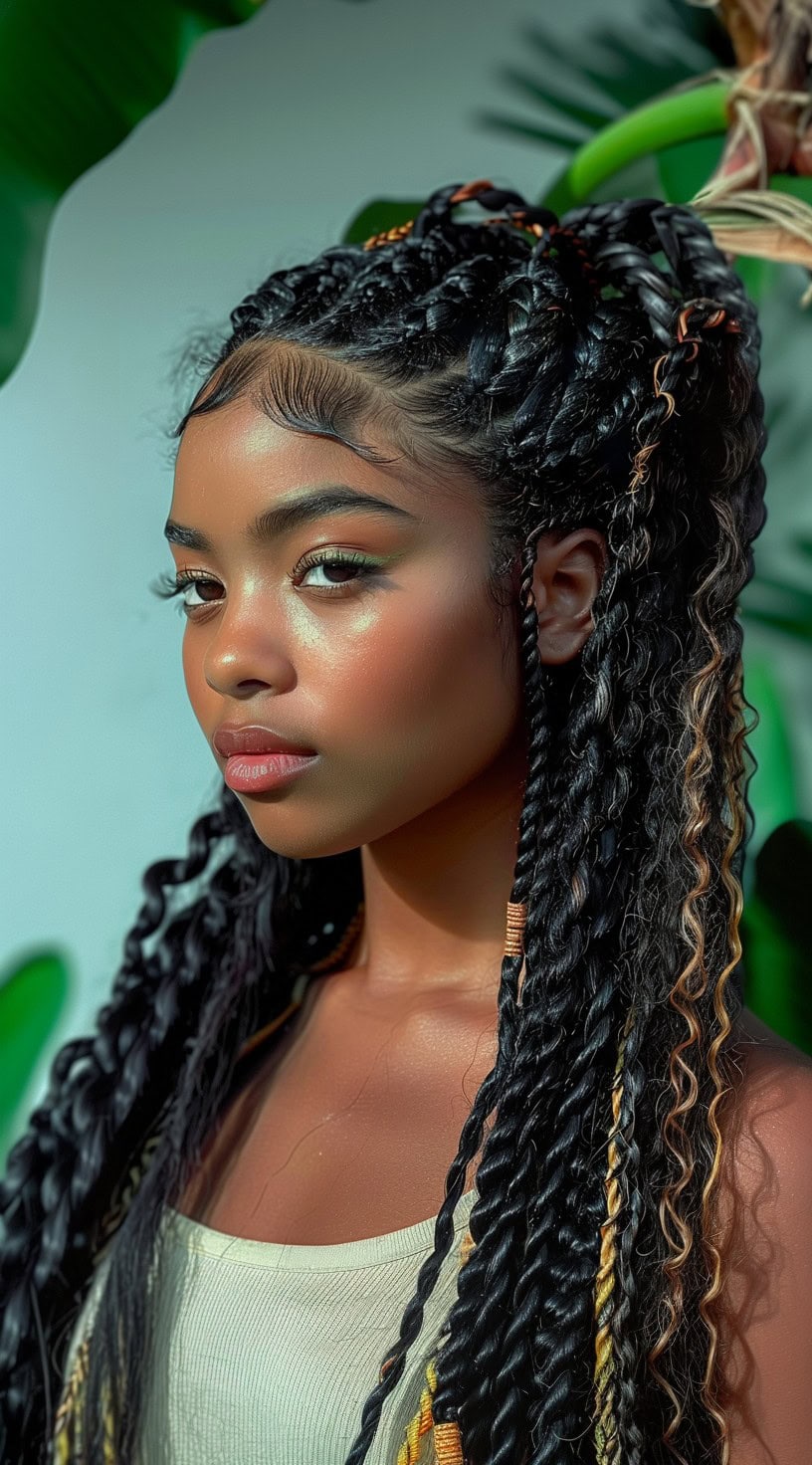 In this photo, a woman with twisted braids showcases blonde and brown highlights.