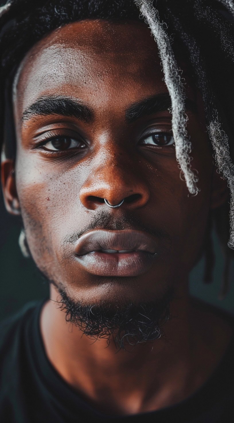 In this photo, a man with two-tone dreadlocks is gazing into the camera.