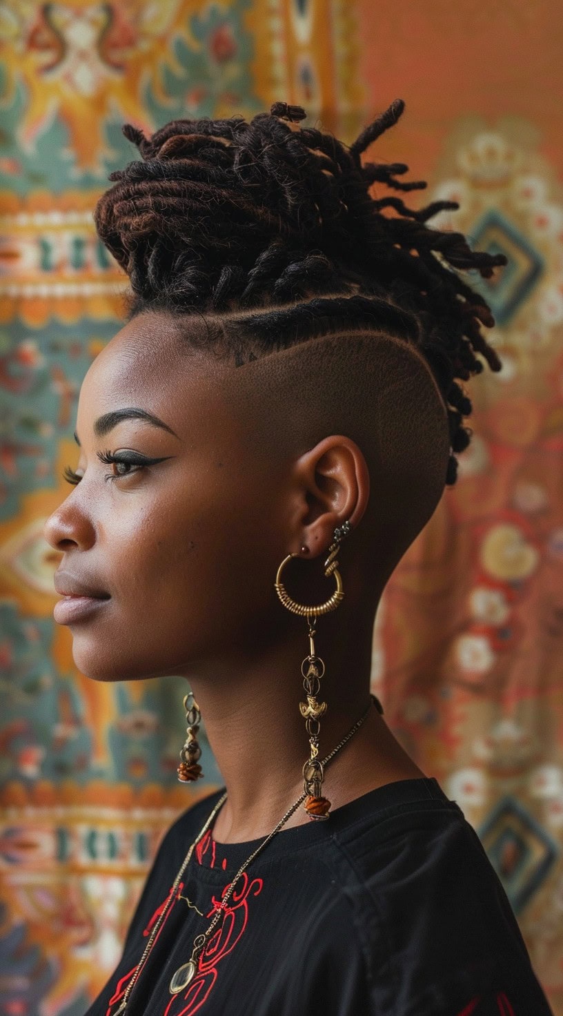 Profile view of a woman with locs styled into a high braided bun and an intricate undercut design.