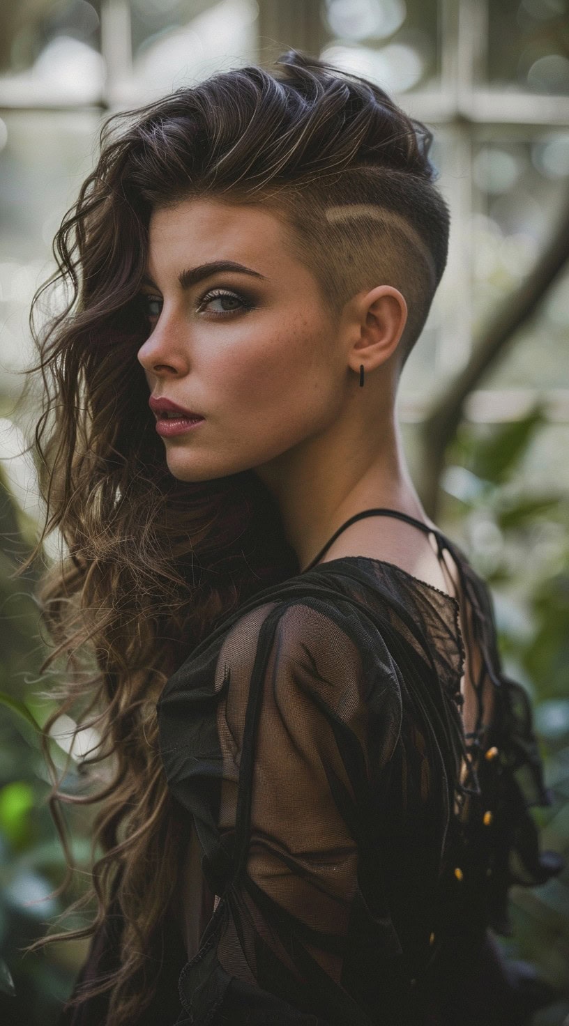 This image displays a woman with an undercut featuring intricate patterns.