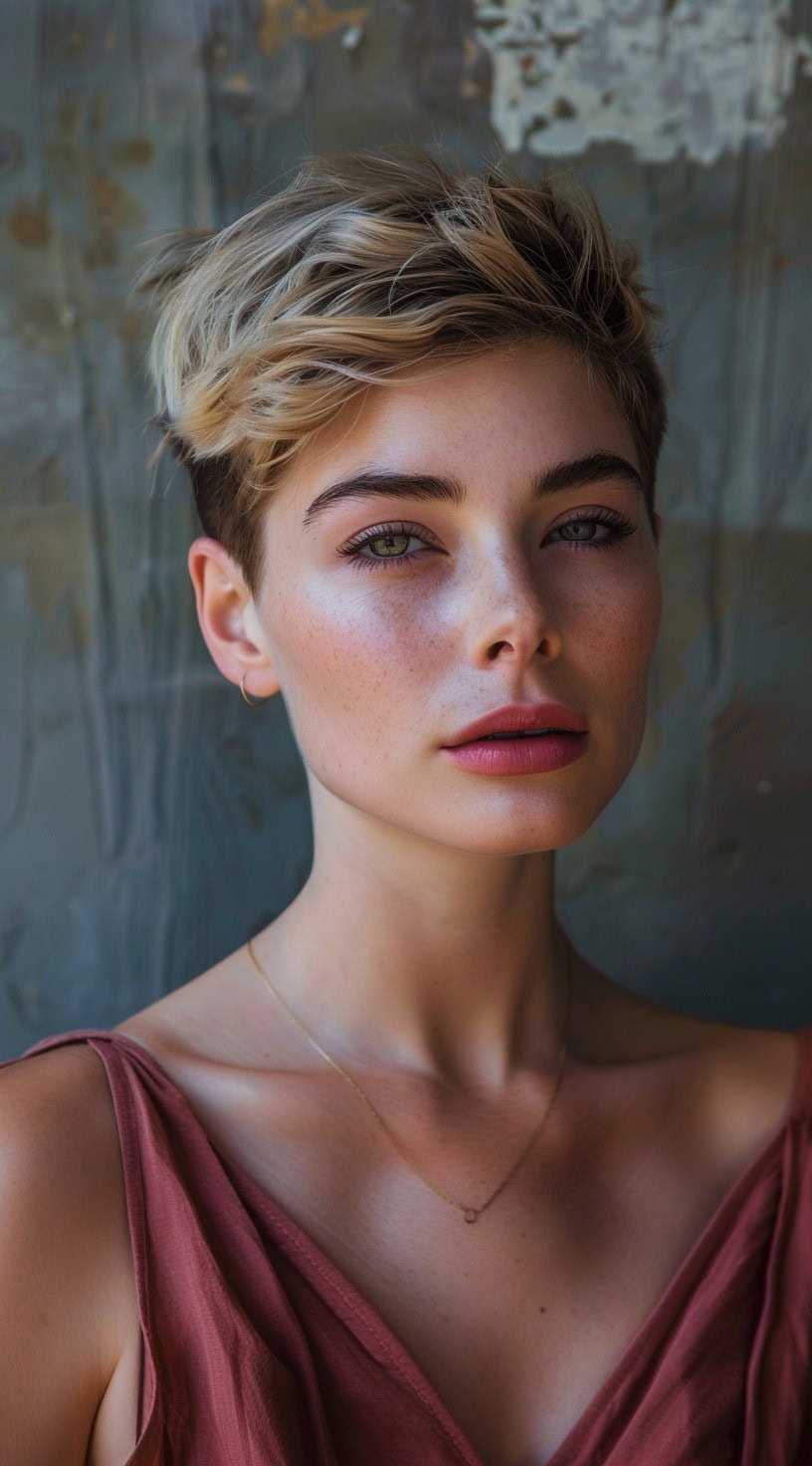 This image shows a woman with an undercut pixie hairstyle, featuring a textured top for added volume.