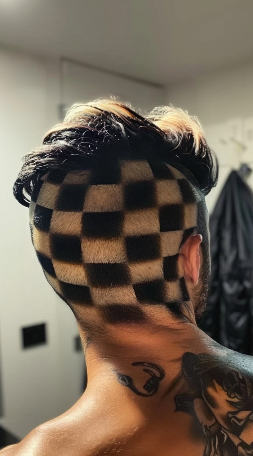 In this photo, a man with an undercut featuring a checkerboard pattern is shown from the back.