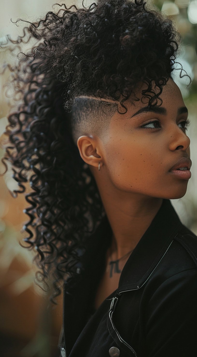 This photo depicts a woman with an undercut and a voluminous, curly top.