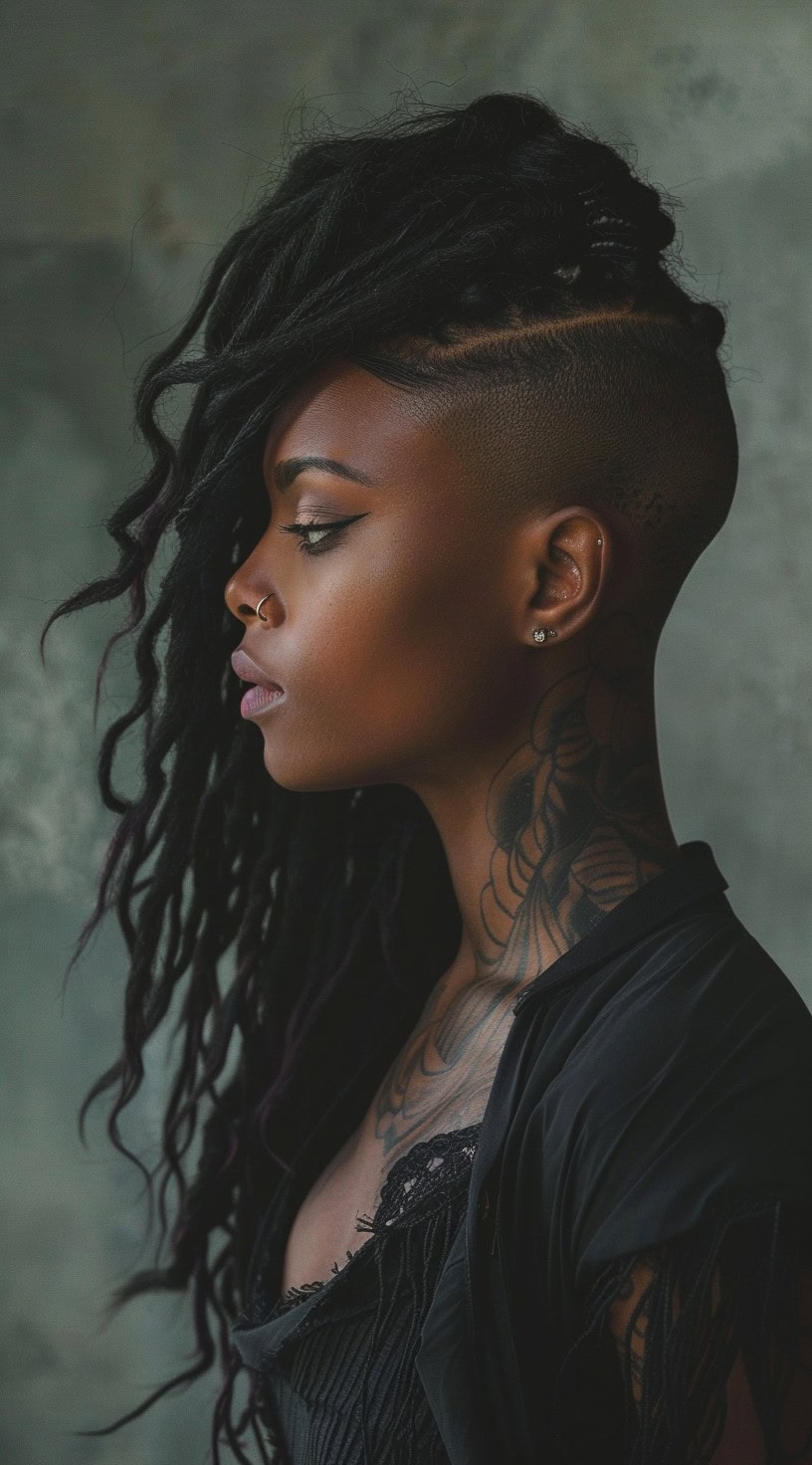 This image shows a woman with an undercut and long dreads.