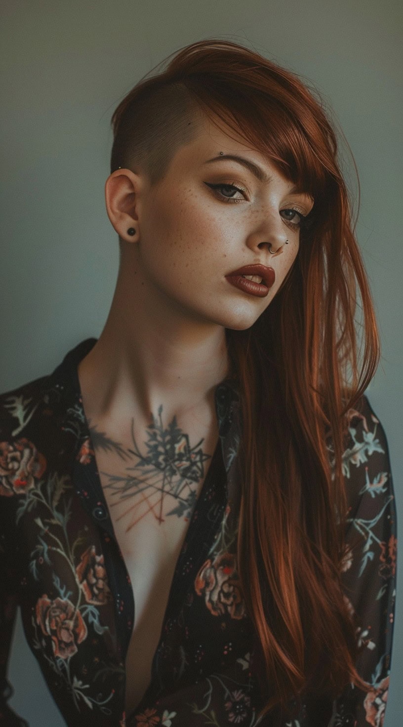 This photo features a woman with an undercut, long dyed hair, and bangs.