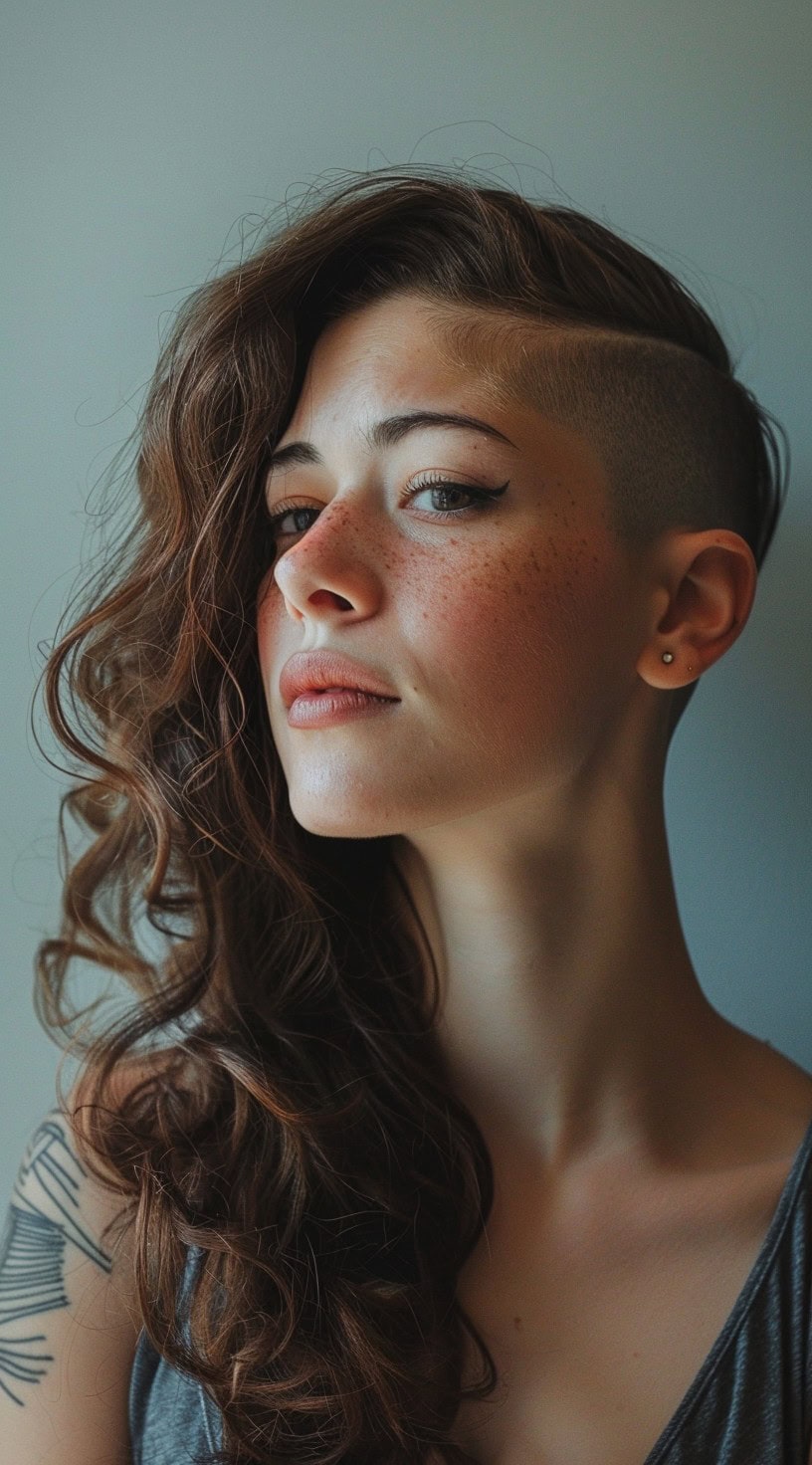 This photo shows a woman with a wavy hairstyle and an undercut.