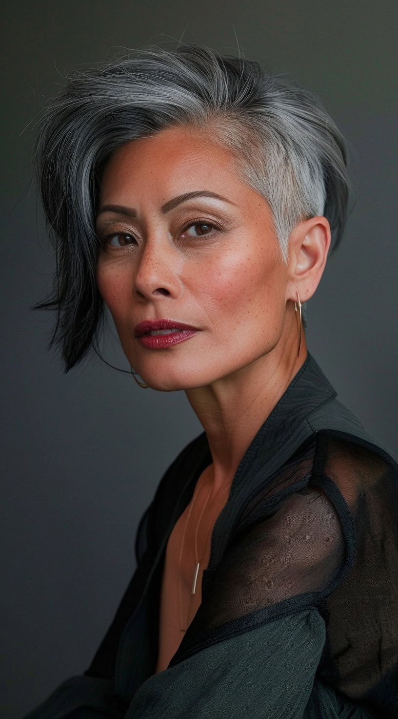 In this photo, a woman with an edgy silver undercut poses with confidence.