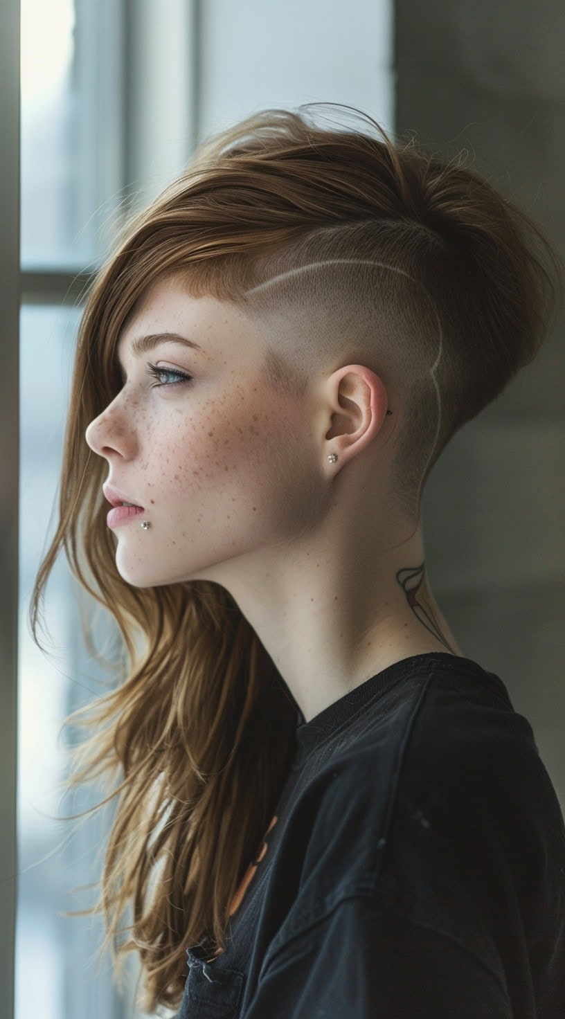 This image shows a woman with a V-shaped undercut and long hair.