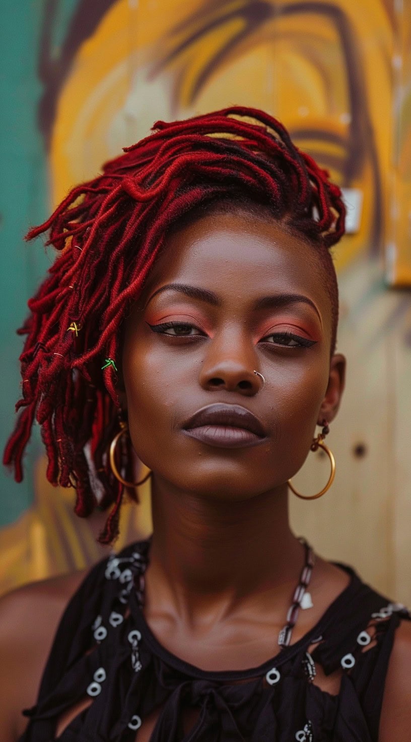 Front view of a woman with vibrant red locs and a shaved undercut, posing against a colorful background.