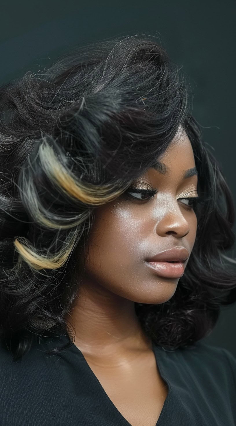 In this photo, a woman with voluminous curls features blonde peekaboo highlights.