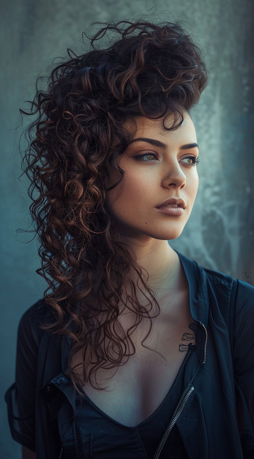 A woman with voluminous long curls and a detailed shaved undercut.