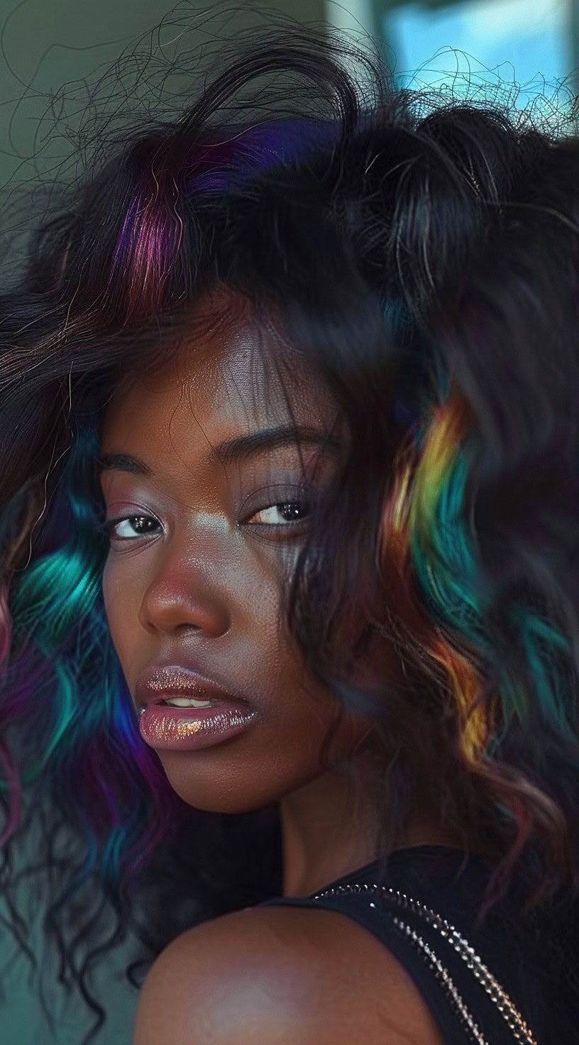 In this photo, a woman with voluminous curls features rainbow peekaboo highlights.