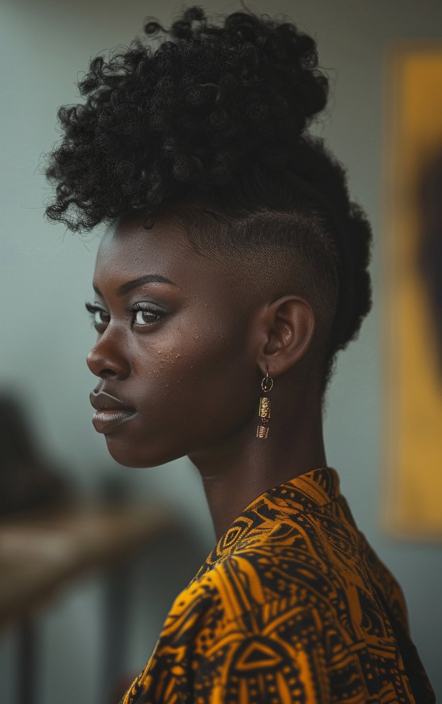 Profile of a woman with a voluminous curly top and shaved sides, wearing a patterned yellow top.