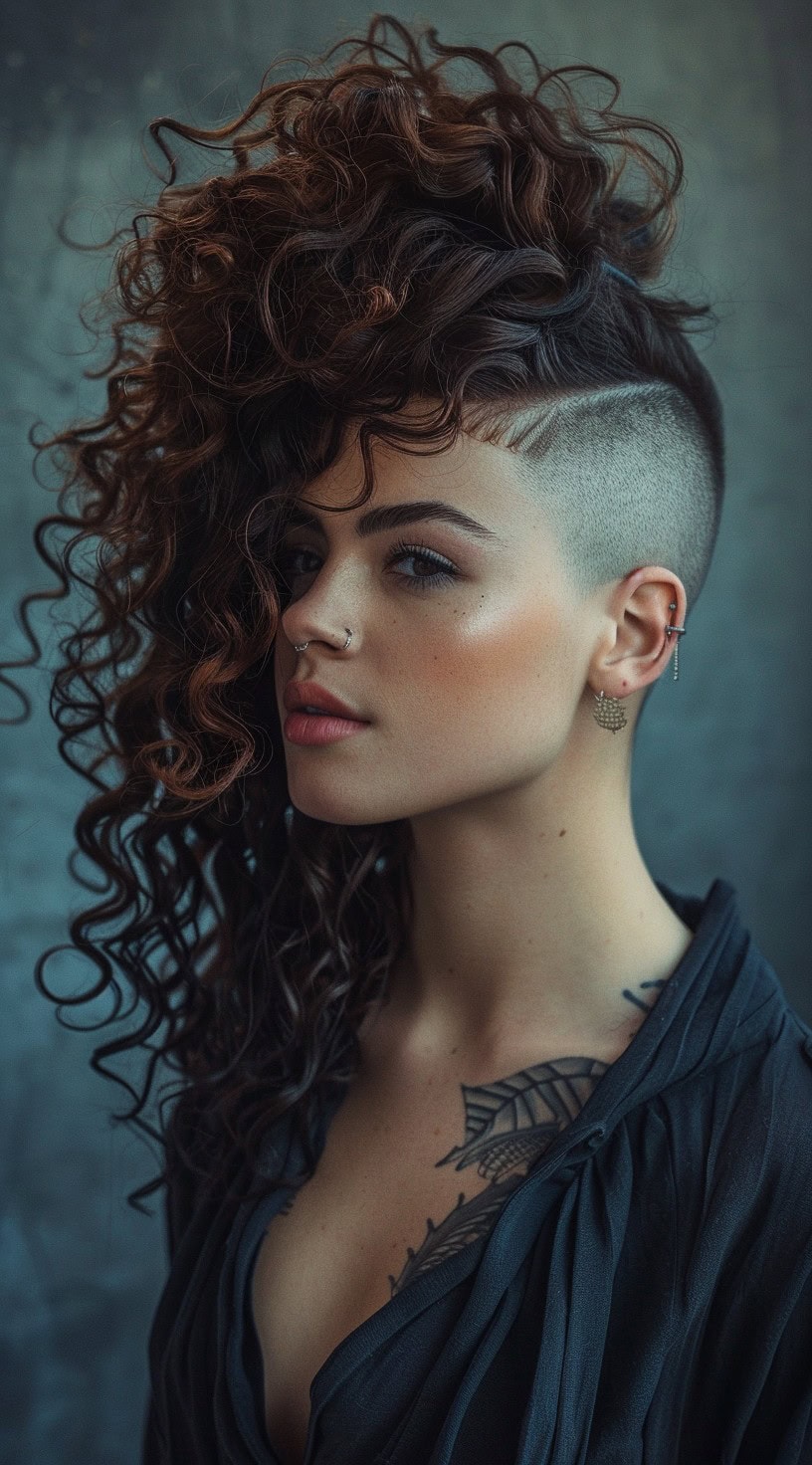 A woman with a voluminous curly faux hawk and a shaved undercut.