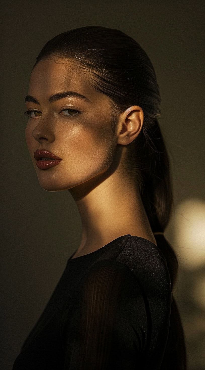 Profile view of a woman with a sleek, voluminous ponytail divided into sections.