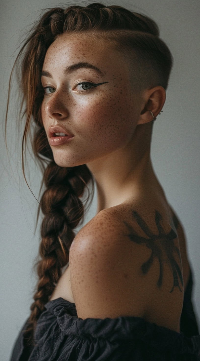 This photo depicts a woman with a voluminous side braid and a fade undercut.