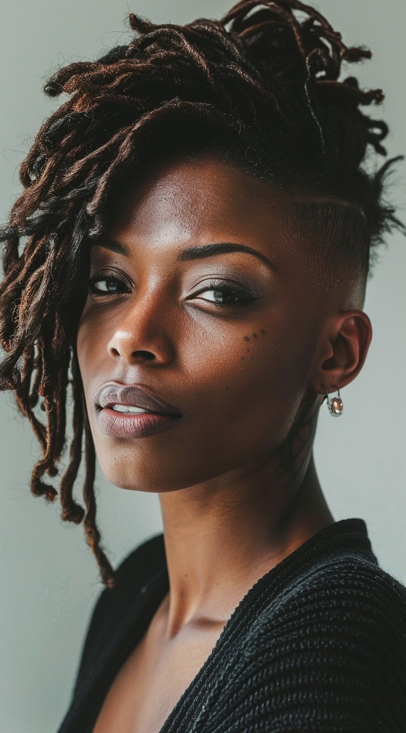 Side view of a woman with voluminous side-swept locs and a shaved undercut, captured indoors.