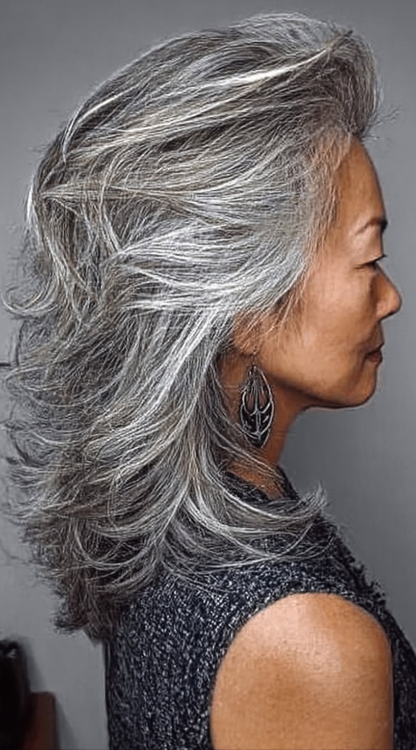 Side view of a long shag haircut with thick salt and pepper layers styled in outward flicks.