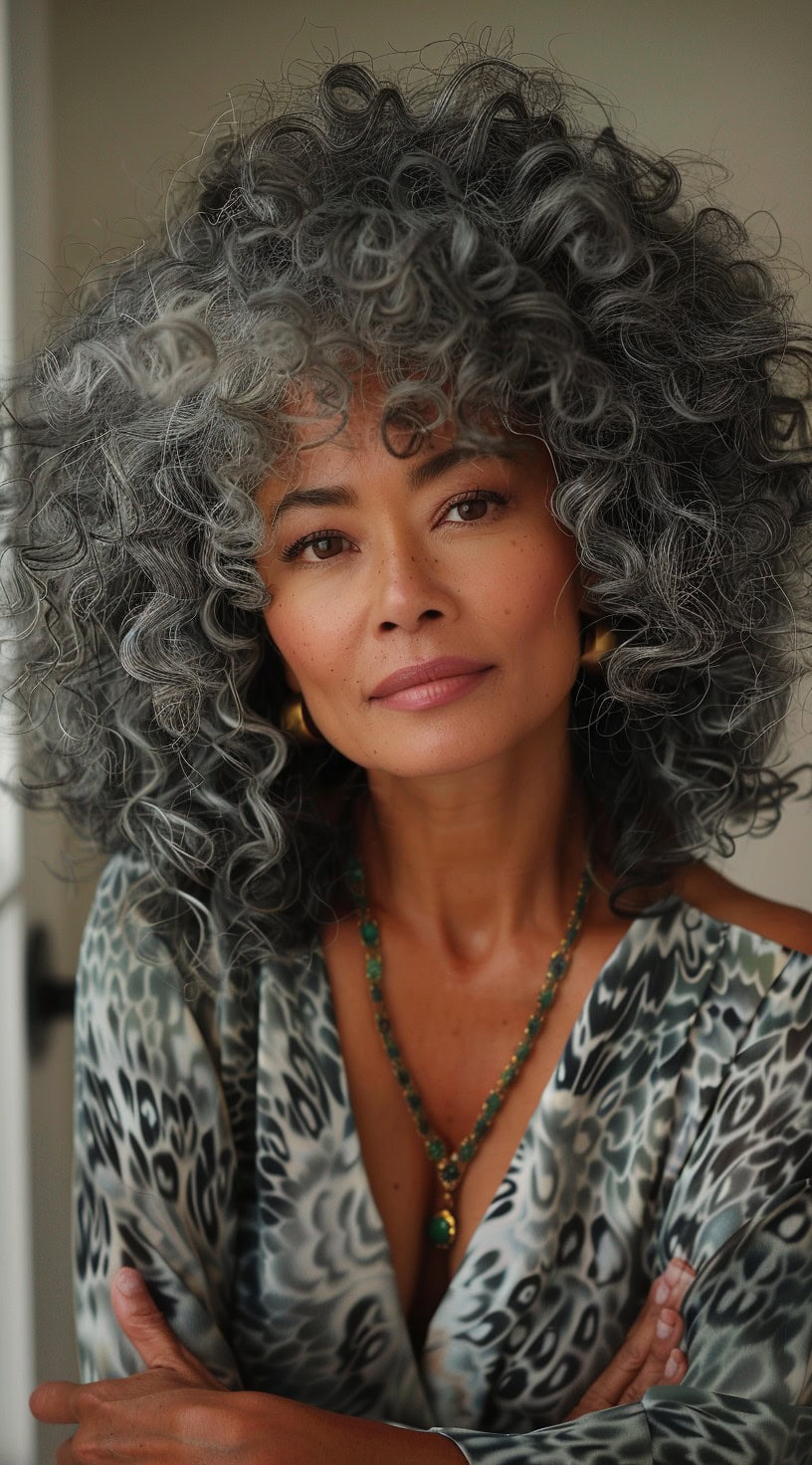 In this photo, a woman with a voluminous curly silver afro smiles warmly at the camera.