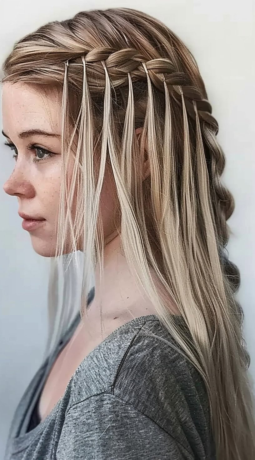 Side profile of a woman with a waterfall braid cascading down her long hair.