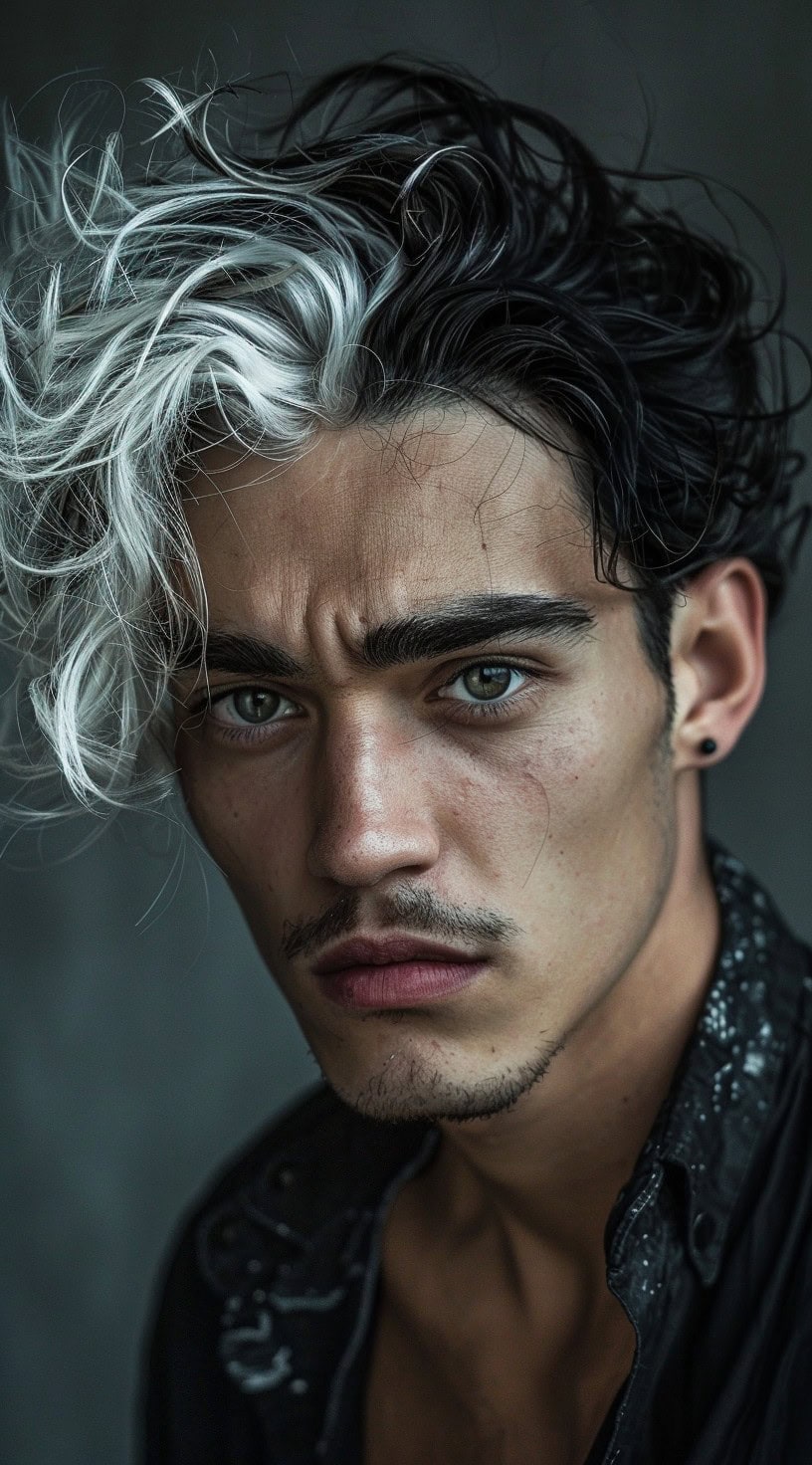 In this photo, a man with wavy black hair and a distinctive white fringe is gazing directly at the camera.