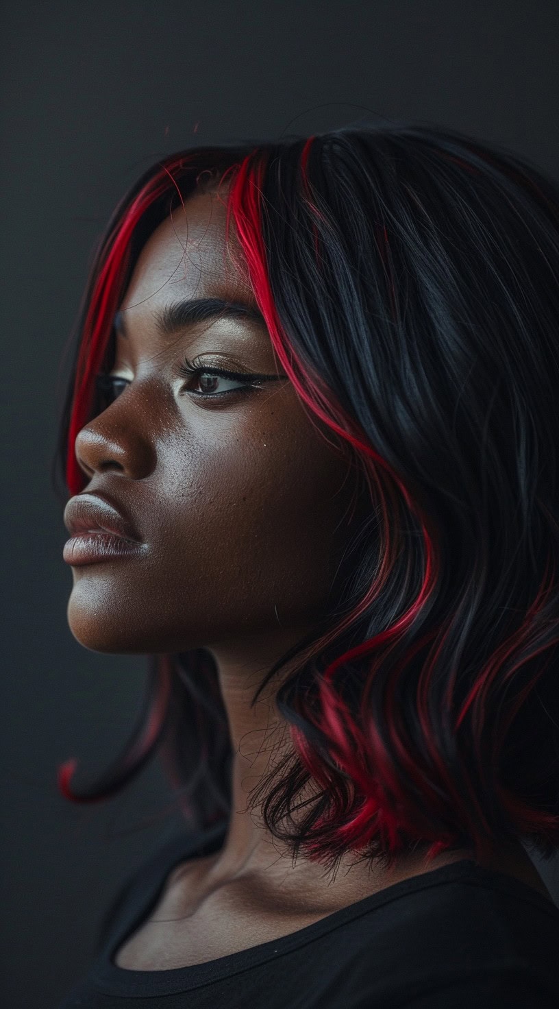 In this photo, a woman with a wavy bob hairstyle features striking red peekaboo highlights.