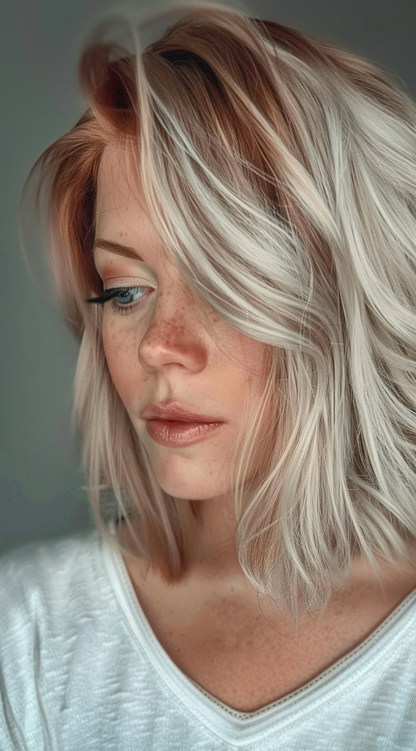 This photo shows a woman with a wavy bob and textured bangs covering one eye.