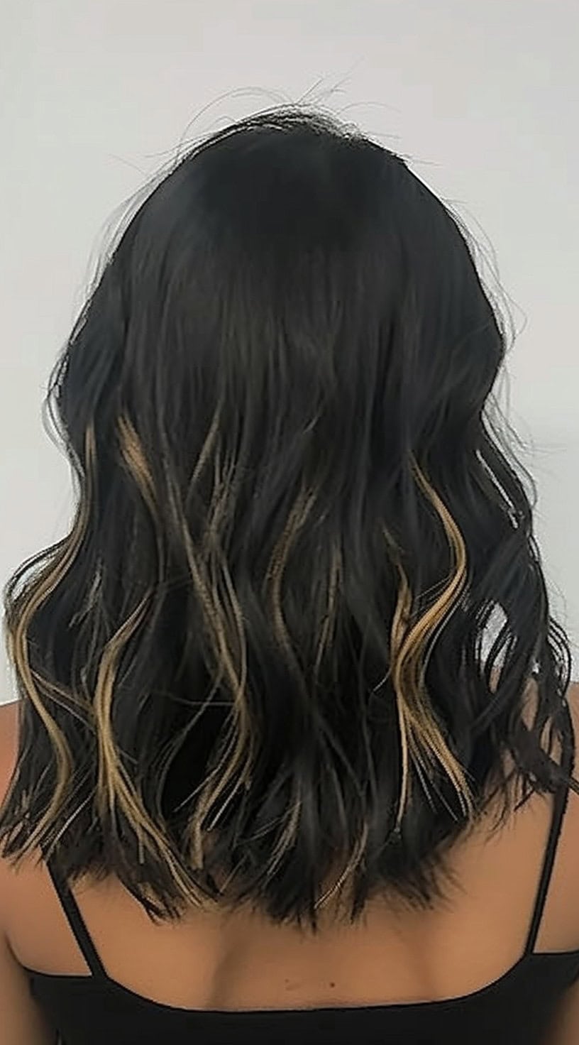 In this photo, a woman with a wavy lob showcases blonde peekaboo highlights.