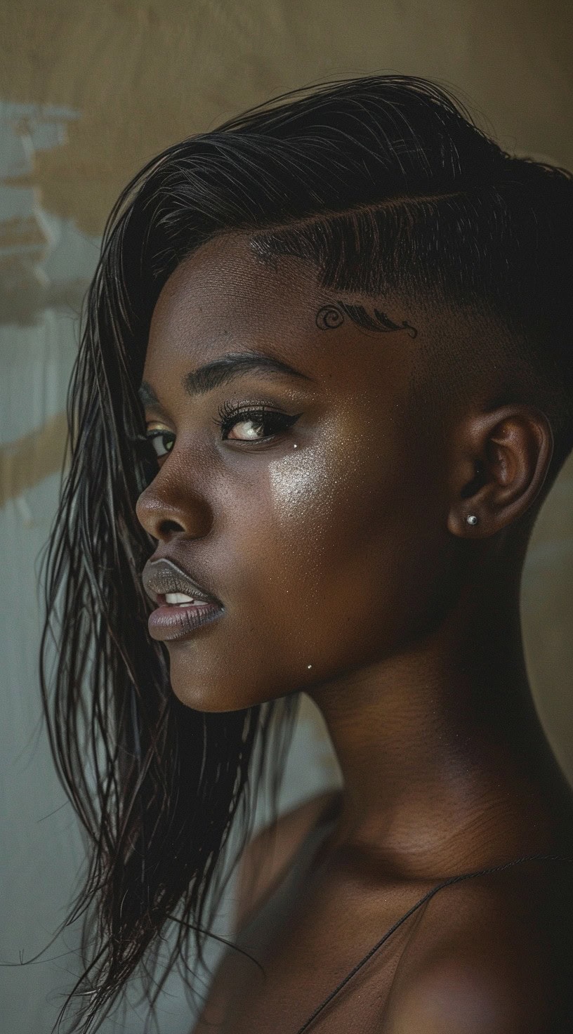 In the photo, a woman with a wet-look hairstyle and one side shaved is shown with intricate line designs shaved into the side.