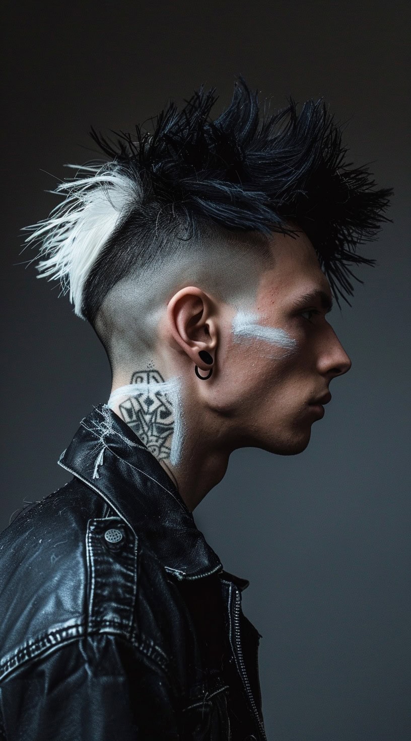 In this photo, a man with a high contrast mohawk featuring black and white sections is shown in profile.