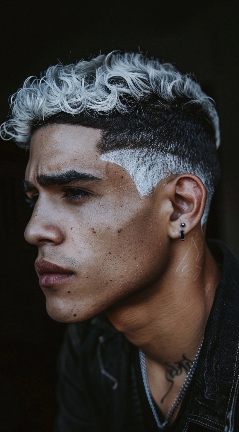 In this photo, a man with a white curly top and a two-tone undercut stands in profile.