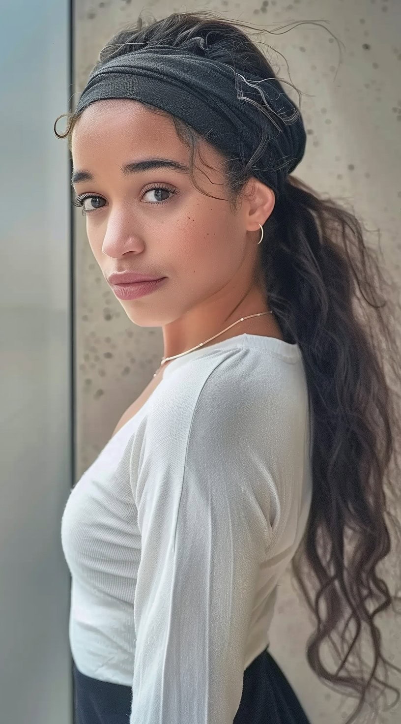 Side profile of a woman with a wide headband holding back her long, wavy hair.