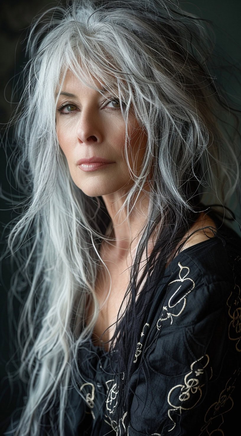 In this photo, a woman with long, wild silver layers and bangs stares intensely into the camera.