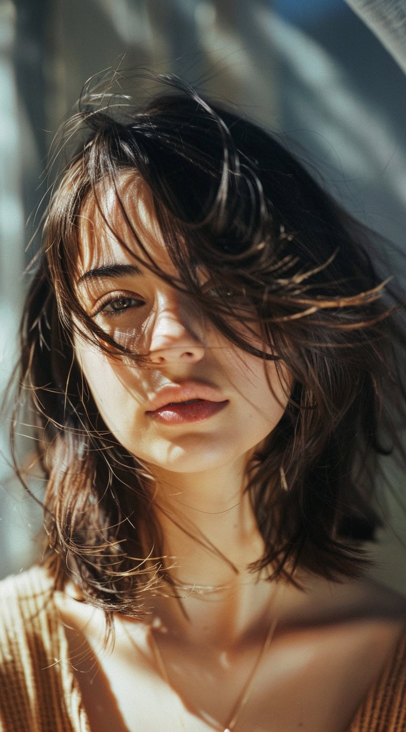 This image shows a woman with a windswept layered hairstyle, adding volume and movement.