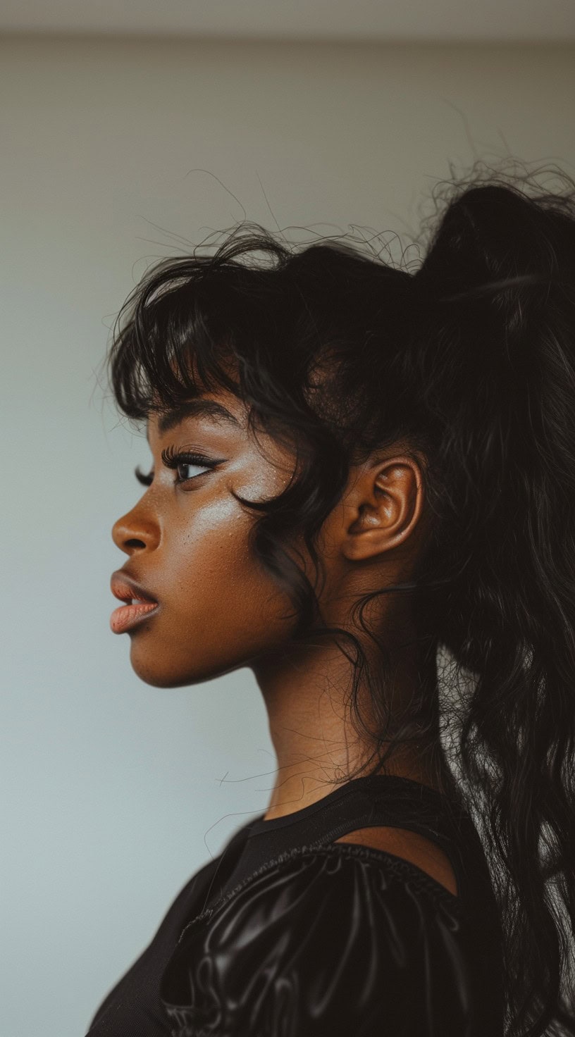 A model in this image showcases wispy bangs with wavy tendrils framing the face and a high ponytail.