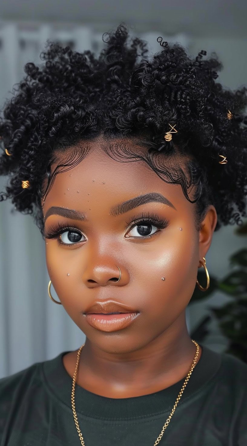 In this photo, a woman with short, defined curls styled into a puff with gold accessories is shown.