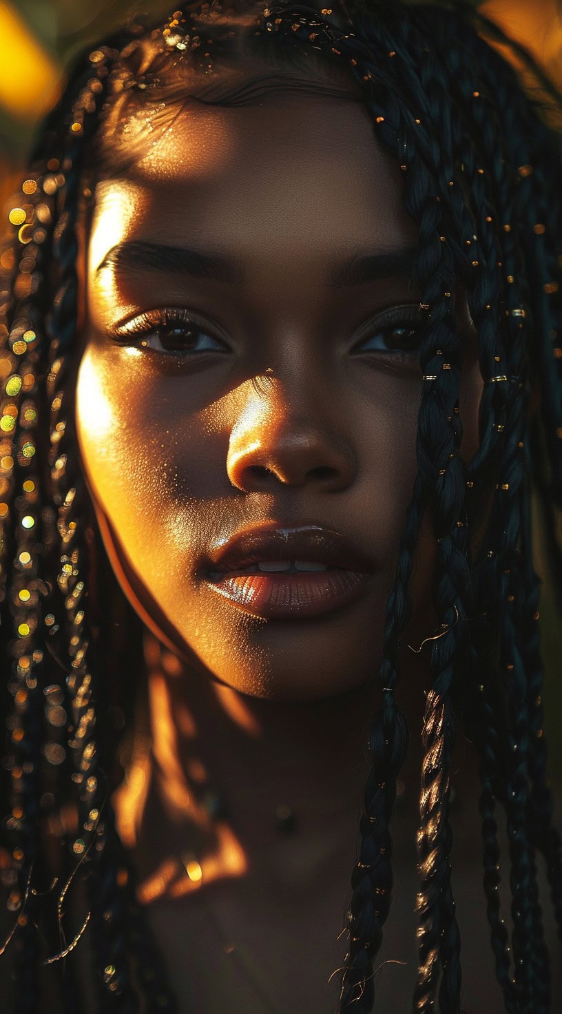 In this photo, a woman with long braids adorned with small gold accessories is illuminated by warm sunlight.