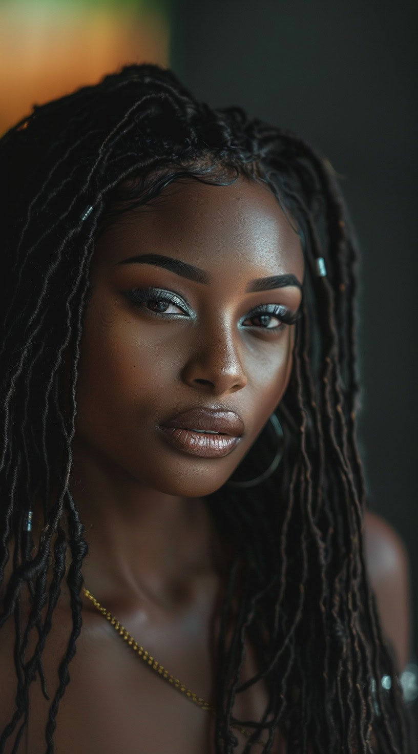 In this photo, a woman with accessorized long thin locs looks directly into the camera, her hair adorned with small beads.