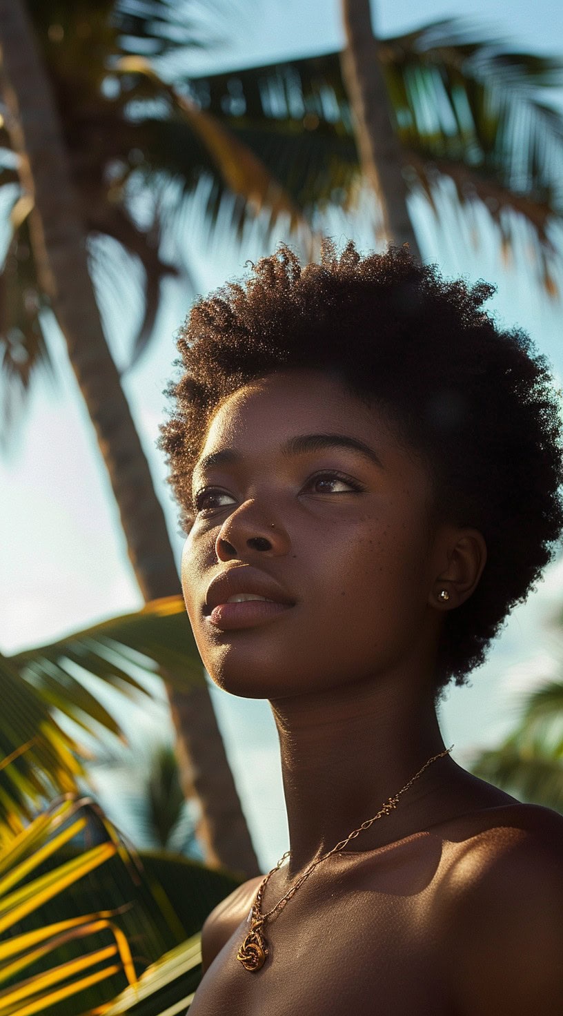 In the photo, a woman with a natural afro stands against a background of palm trees.