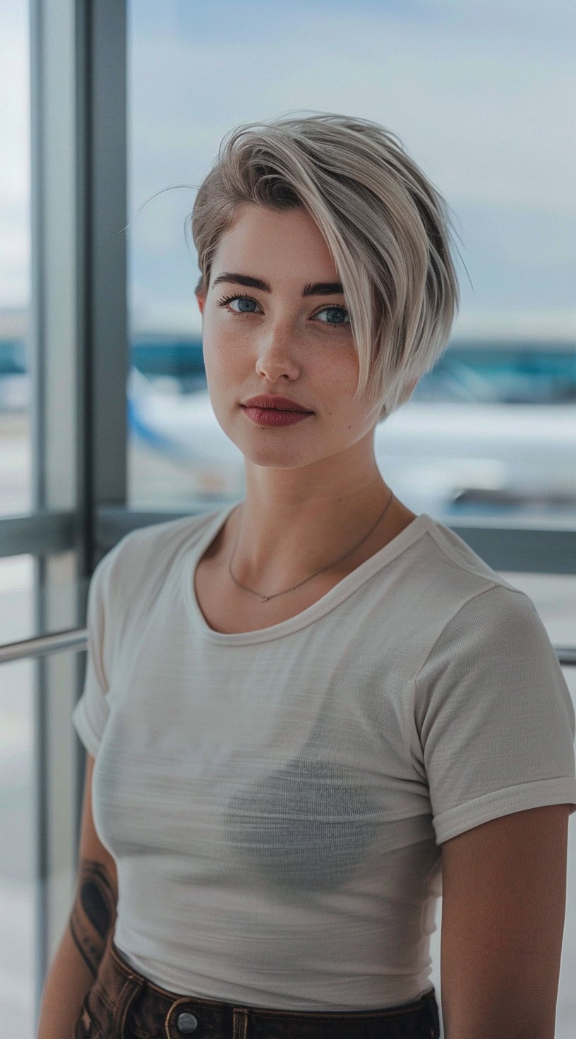 In the image, a person with an asymmetrical blonde crop hairstyle stands in front of an airport window.