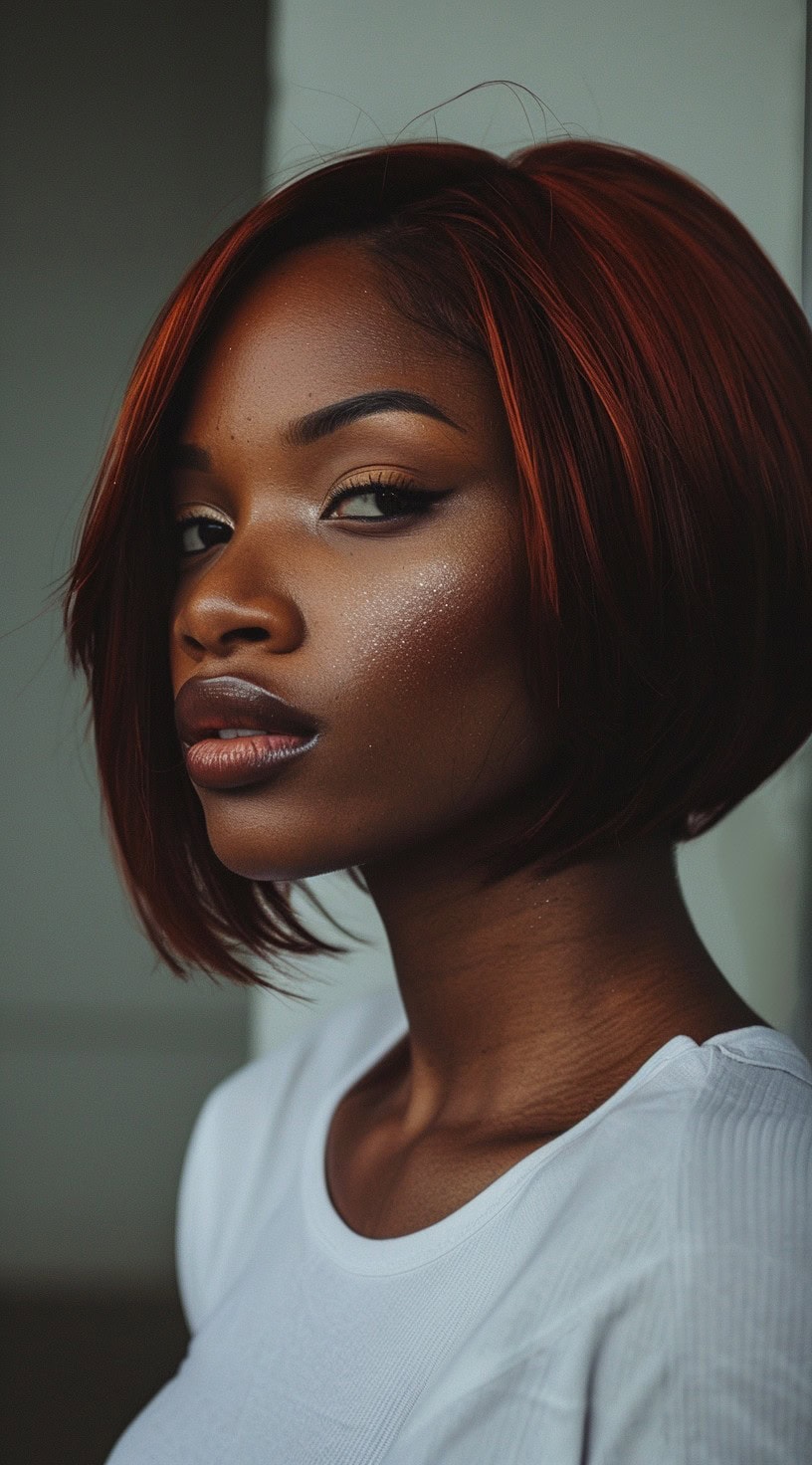 In the photo, a woman with an asymmetrical red bob is shown.