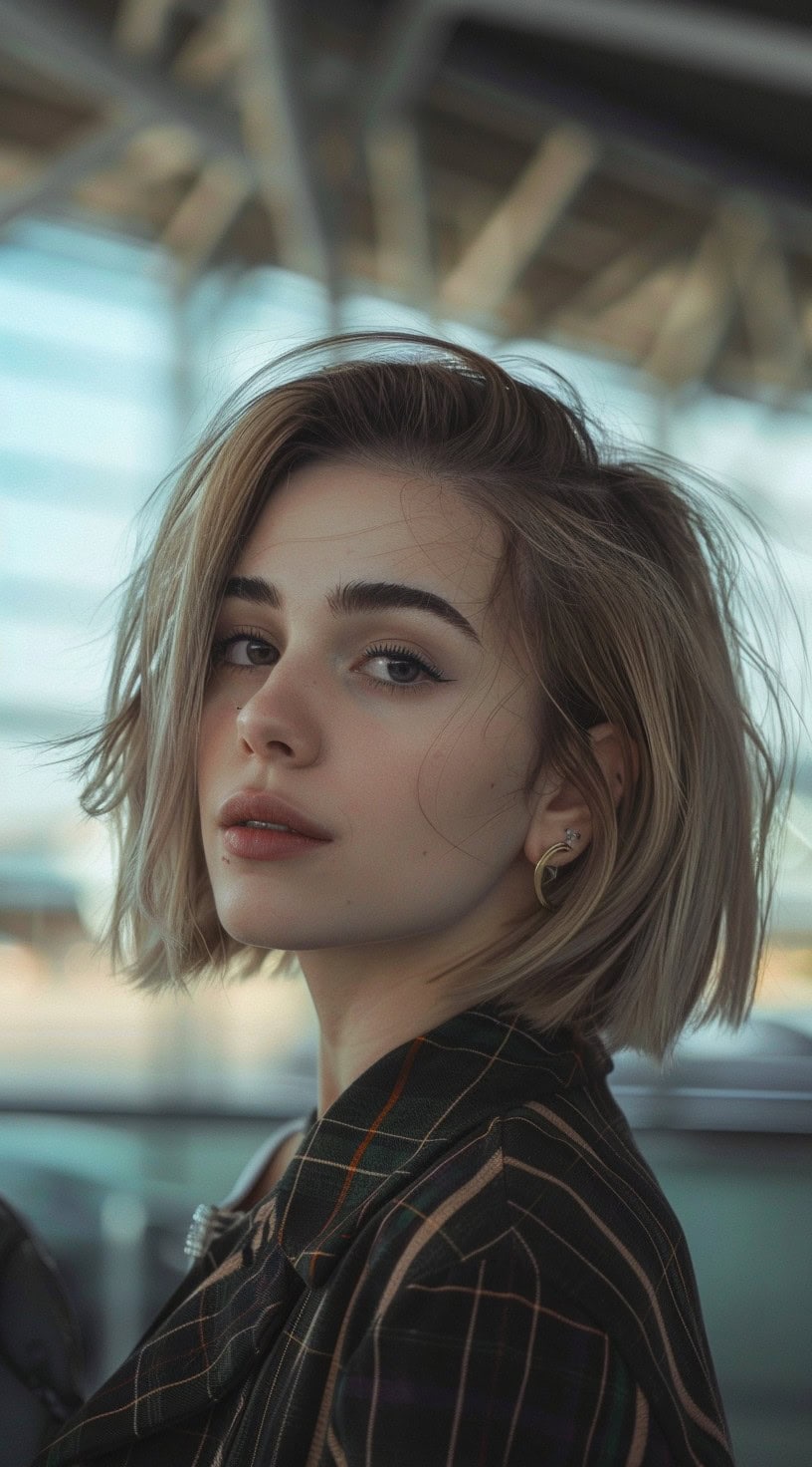 A woman with an asymmetrical bob and subtle highlights in an airport.