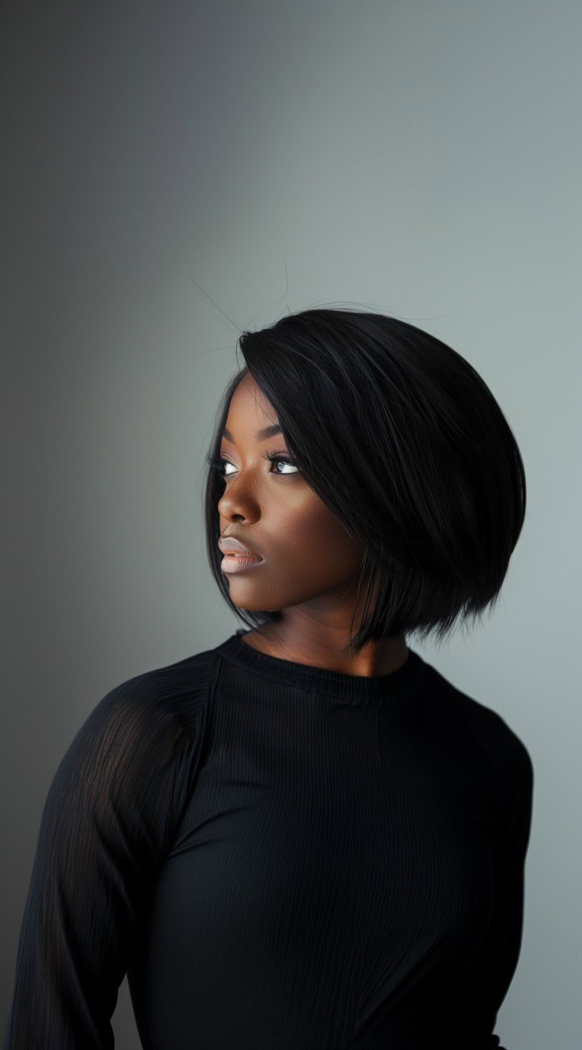 Profile view of a woman with an asymmetrical bob haircut and a side part, wearing a black top.