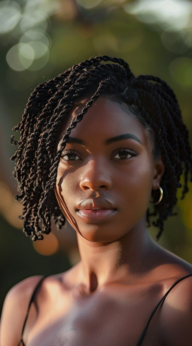 This photo depicts a woman with an asymmetrical bob featuring crochet twists.